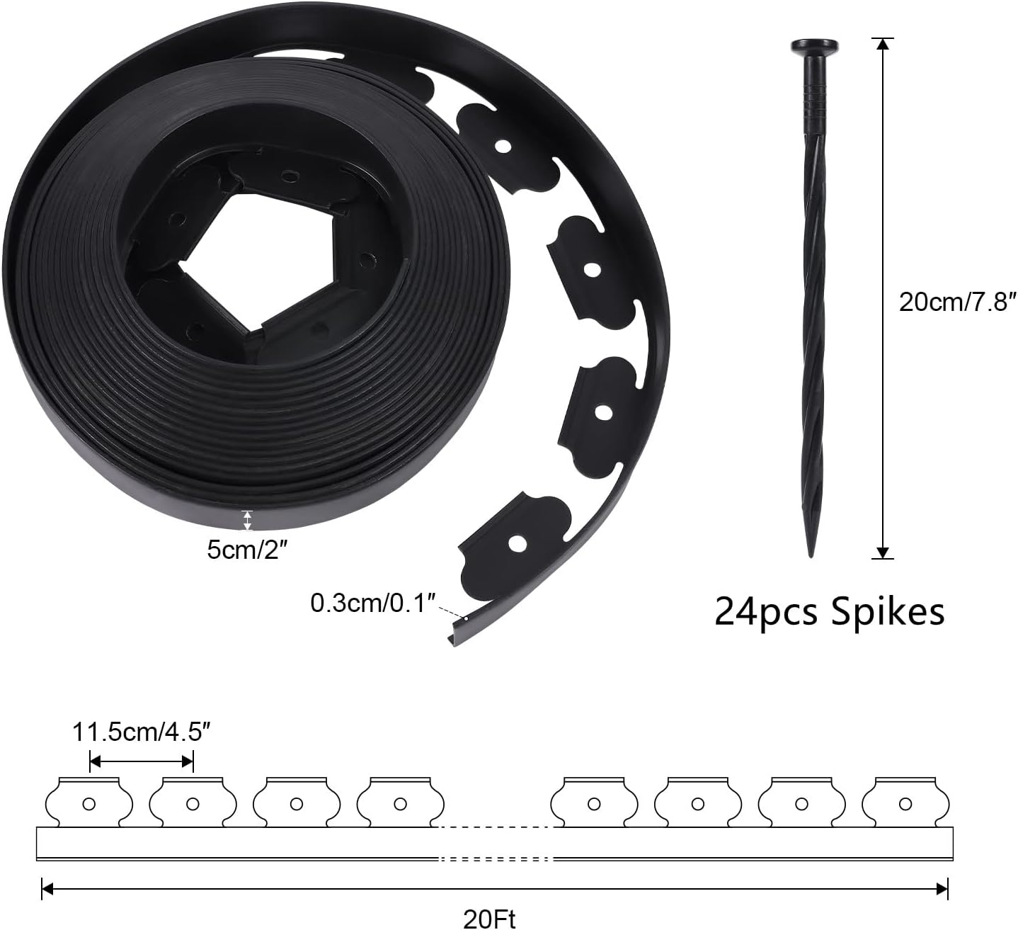 2 Inch Tall No Dig Durable Garden Landscape Edging Kit, Black Plastic Lawn Border with 24pcs