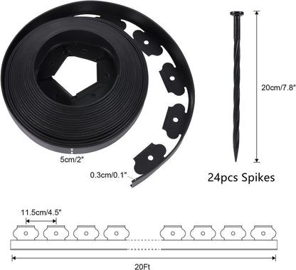 2 Inch Tall No Dig Durable Garden Landscape Edging Kit, Black Plastic Lawn Border with 24pcs