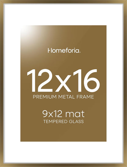 Homeforia 12x16 Picture Frame Bronze, High End Metal 12x16 Brass Poster Frames with Mat 9x12 Photo