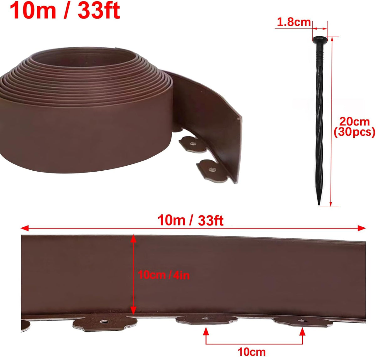 Garden Edging 33FT, 4IN High Landscape Edging Border Plastic Lawn Edging Roll with 30 Spikes for