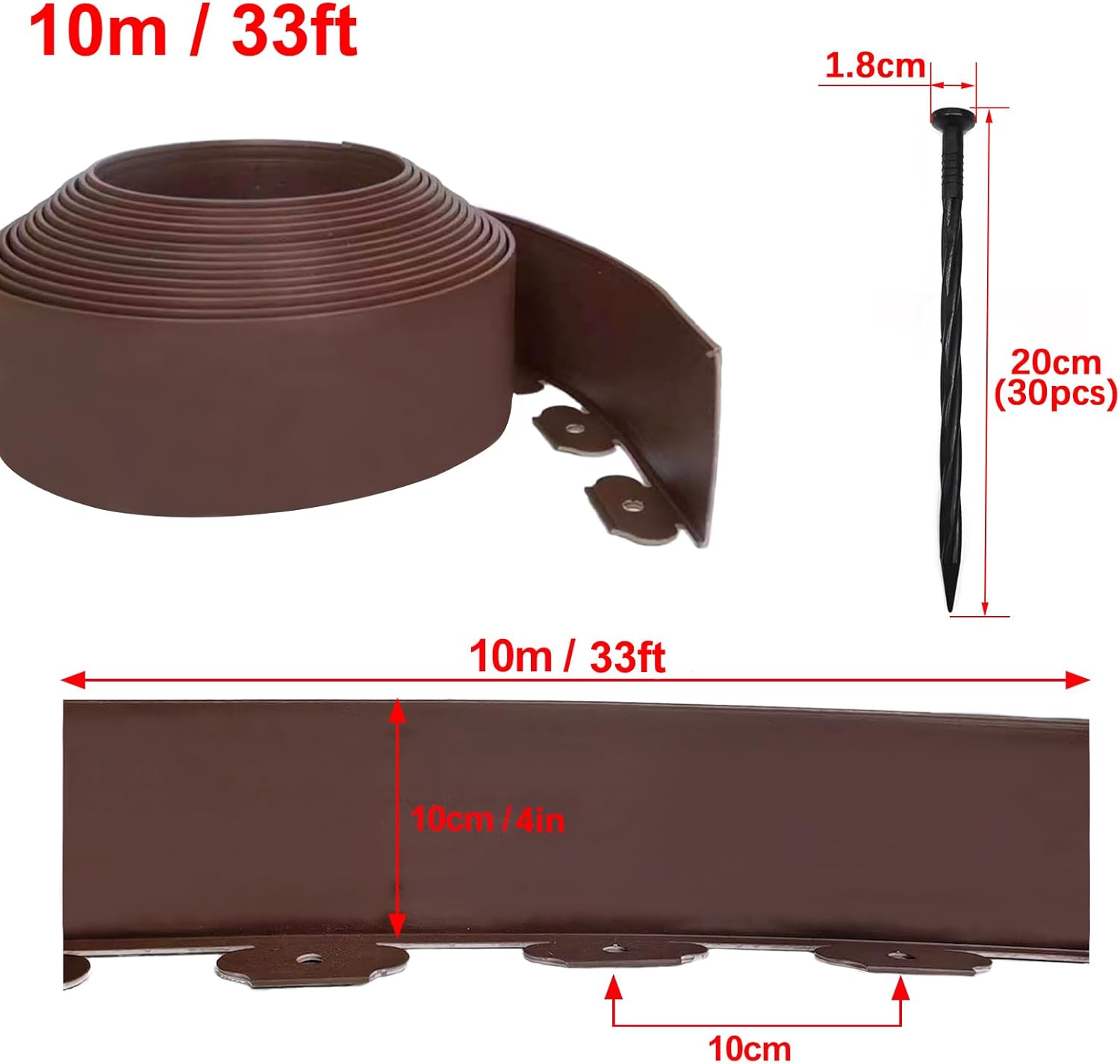 Garden Edging 33FT, 4IN High Landscape Edging Border Plastic Lawn Edging Roll with 30 Spikes for