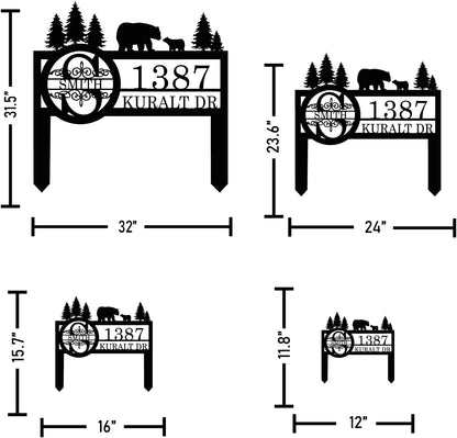 Personalized Custom Bear Wildlife Decor with Metal Stake - Address House Number Name Sign for