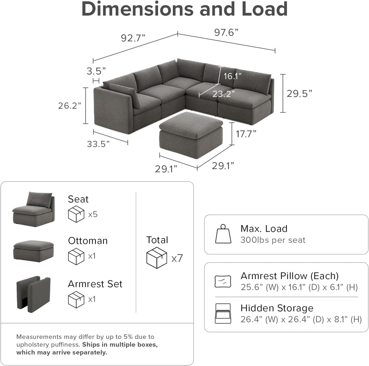 mopio Oversized Modular Sectional Sofa with Fully Removable Covers and Storage, Convertible U