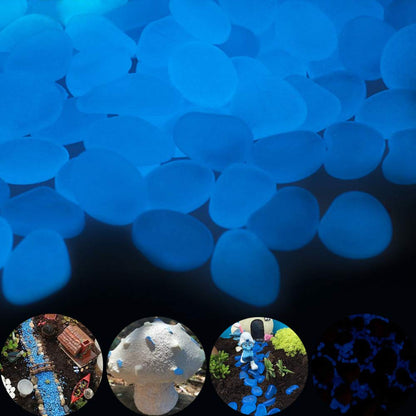 GLOCARNIVAL Glow Pebbles, 300 pcs Blue Glowing Rocks for Outdoor Decor, Garden Lawn Yard, Aquarium