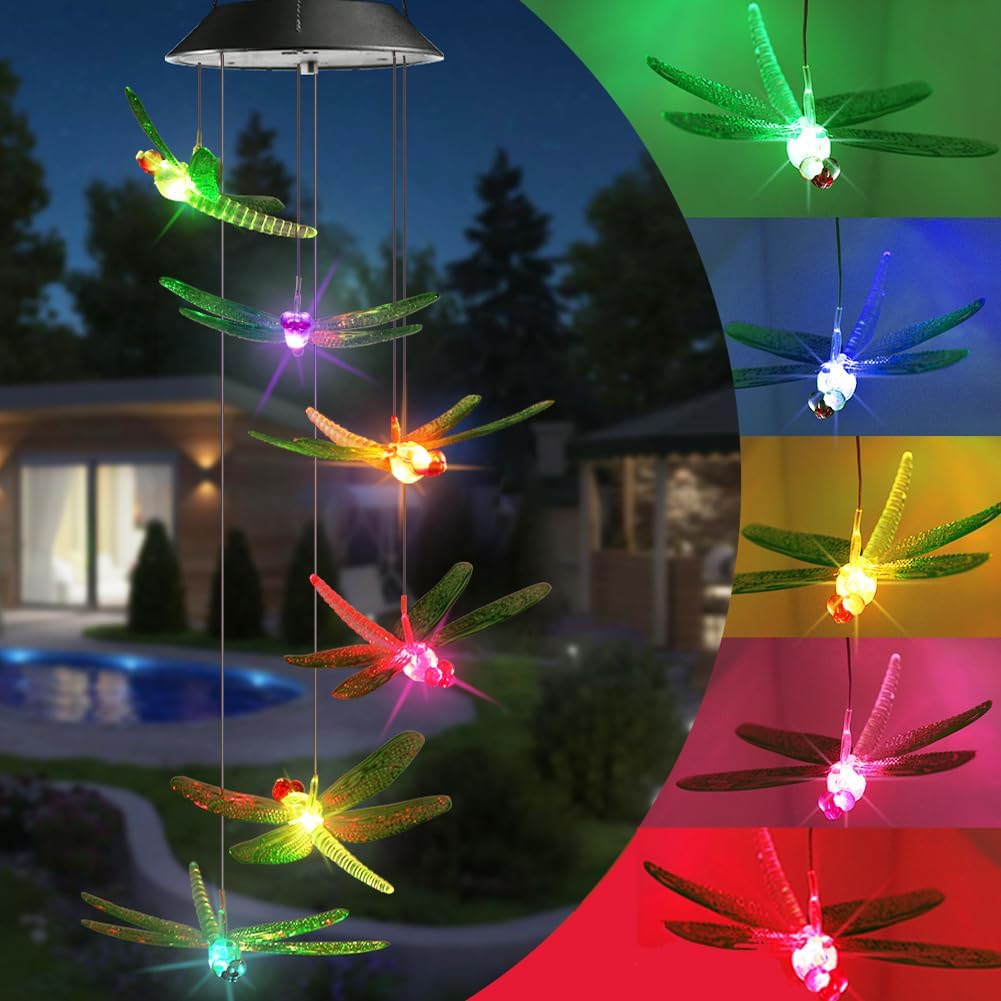 Toodour Solar Wind Chimes Outdoor, Color Changing Solar Lights Dragonfly, Gifts for Mom Grandma