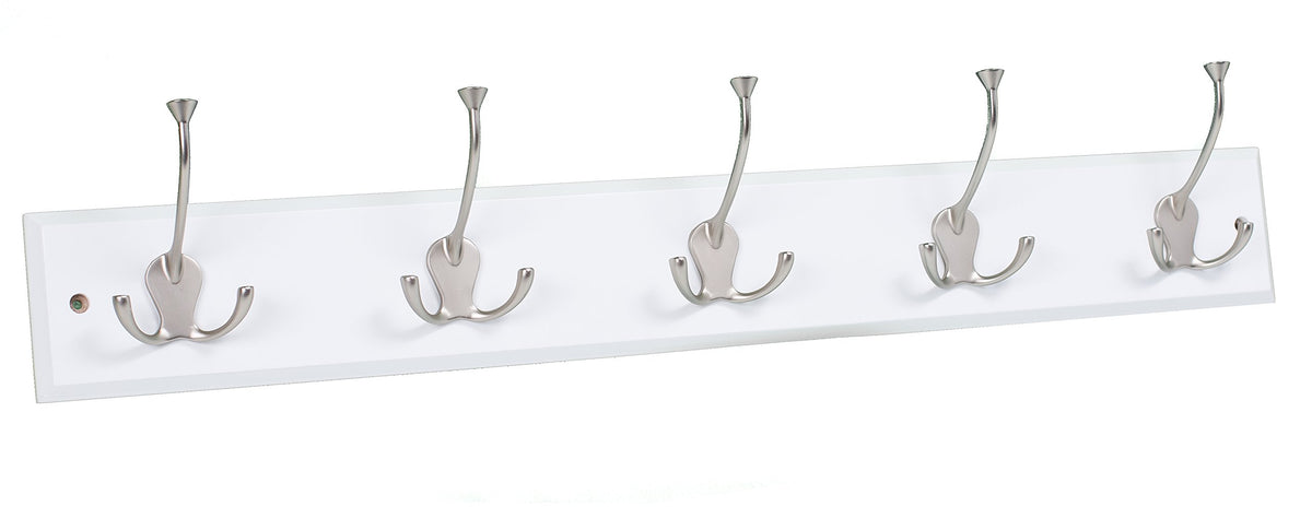 BIRDROCK HOME Tri Hook Coat Rack | 5 Hooks | Wall Mount Hat Rack | White Finish | Satin Nickel Hooks