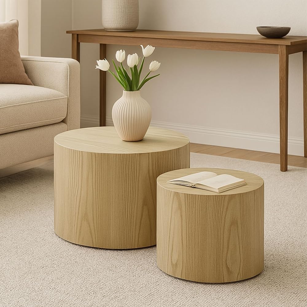 WILLIAMSPACE Nesting Coffee Table Set of 2, Round Wooden Coffee Tables Circle Modern Table for