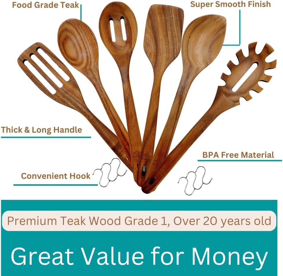 Wooden Utensils for Cooking, Premium Teak Healthy Spoons, Wooden Spoons for Cooking, Durable
