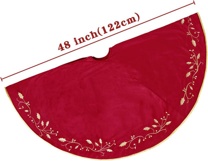 Christmas Tree Skirt, 48 inches Red Luxury Velvet Plush Fur Skirts with Gold Embroidered Holly Leaf