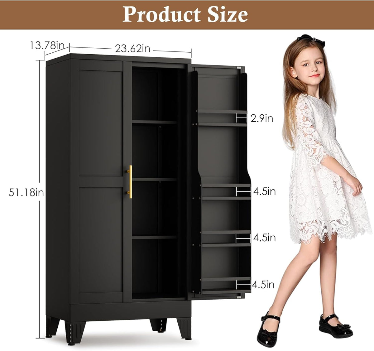51" Metal Kitchen Pantry Cabinet, Storage Cabinets with 2 Door and 3 Adjustable Shelves, Black