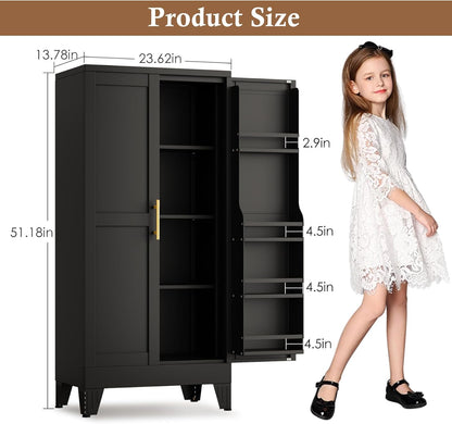51" Metal Kitchen Pantry Cabinet, Storage Cabinets with 2 Door and 3 Adjustable Shelves, Black