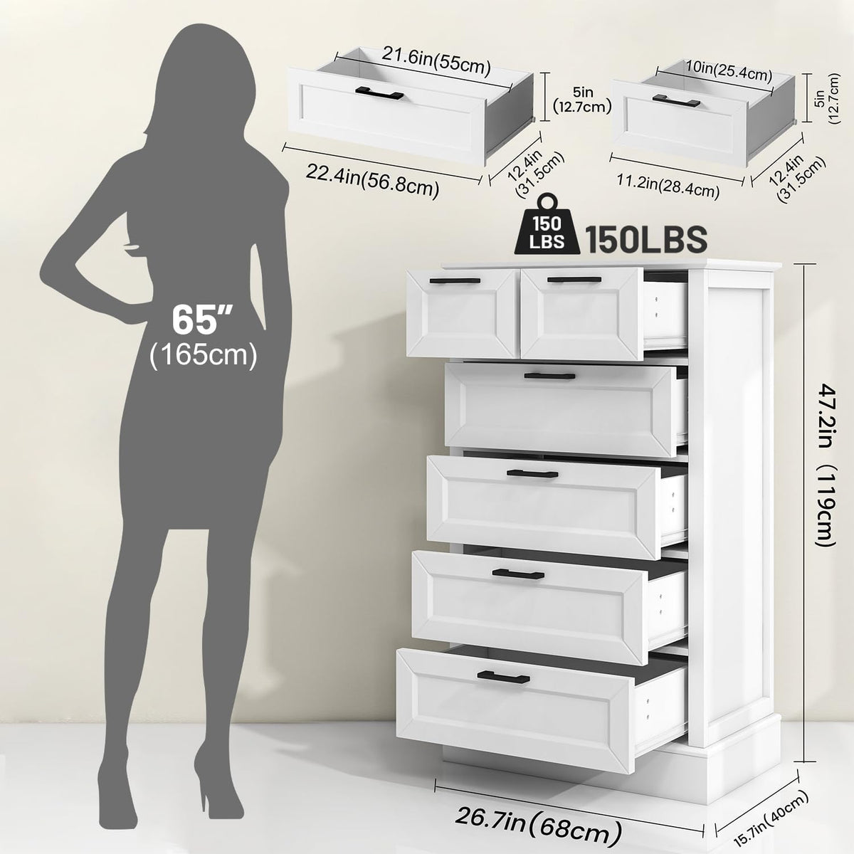 Odeekea White Dresser with 6 Drawers, Vertical Tall Dresser for Bedroom, Chest of Drawers for