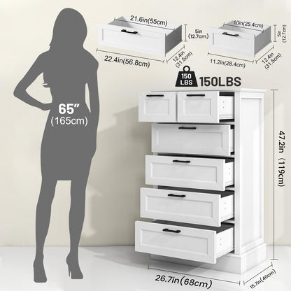 Odeekea White Dresser with 6 Drawers, Vertical Tall Dresser for Bedroom, Chest of Drawers for