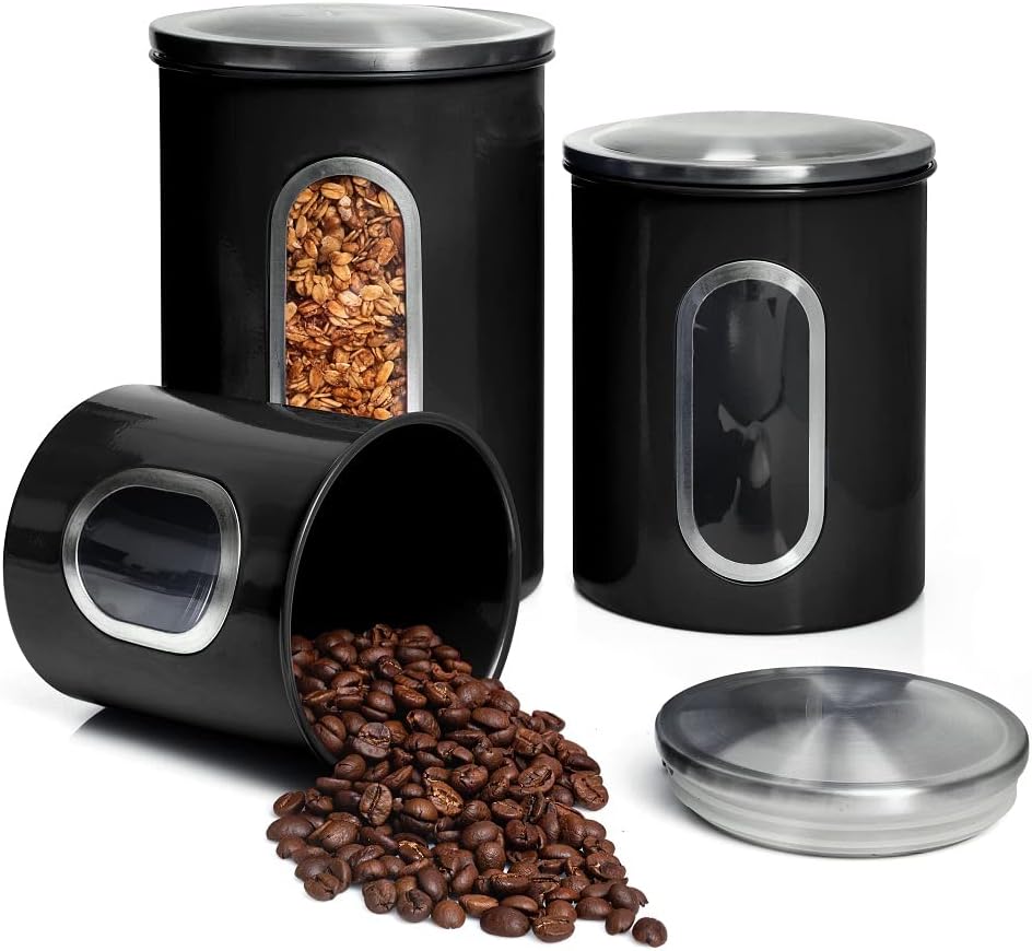Moss & Stone 3-Piece Black Canisters Sets For The Kitchen, Airtight Canister Set With See Through
