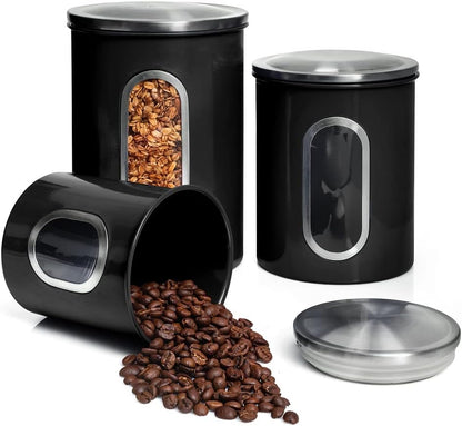 Moss & Stone 3-Piece Black Canisters Sets For The Kitchen, Airtight Canister Set With See Through