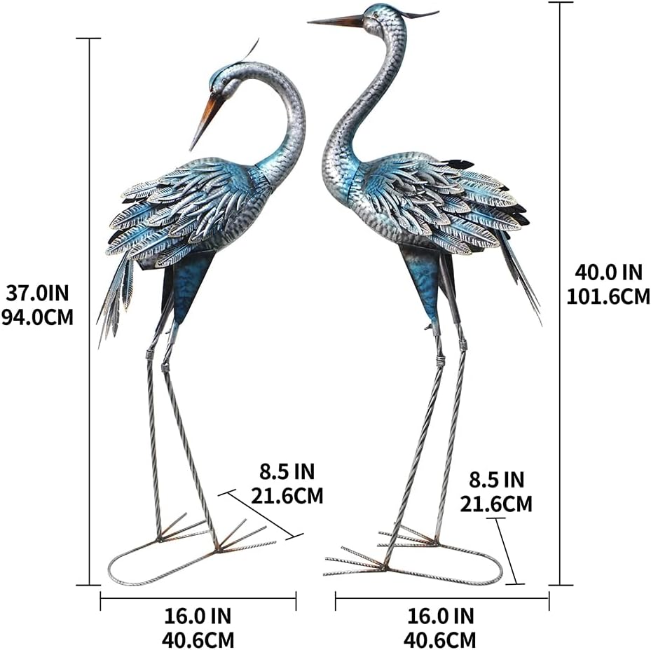 Crane Decor Statues, Blue Heron Garden Statues Metal Yard Art Outdoor Decoy, Garden Sculptures for