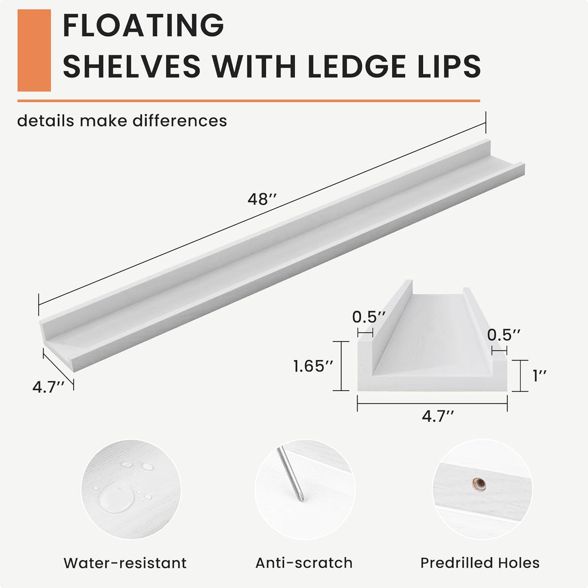 Solid Ash Wood Picture Ledge Shelf, Wood Floating Shelves Set of 2, 48 Inch Long Large Photo Ledge