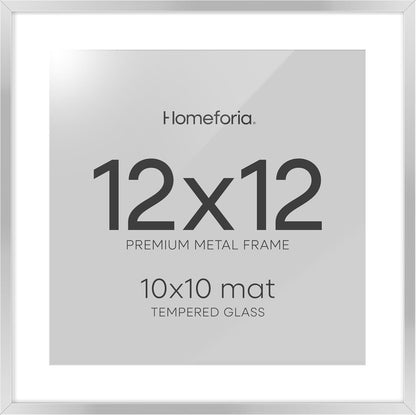 Homeforia 12x12 Silver Frame, High End Metal 12 x 12 Square Picture Frame with Mat 10 x 10 Photo