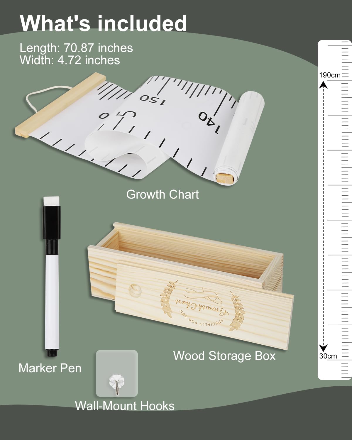 6.5FT Growth Chart for Kids with Wooden Keepsake Box - Children Height Measurement Kit Includes