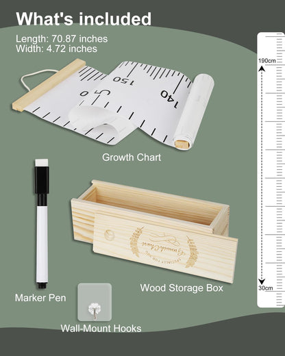 6.5FT Growth Chart for Kids with Wooden Keepsake Box - Children Height Measurement Kit Includes