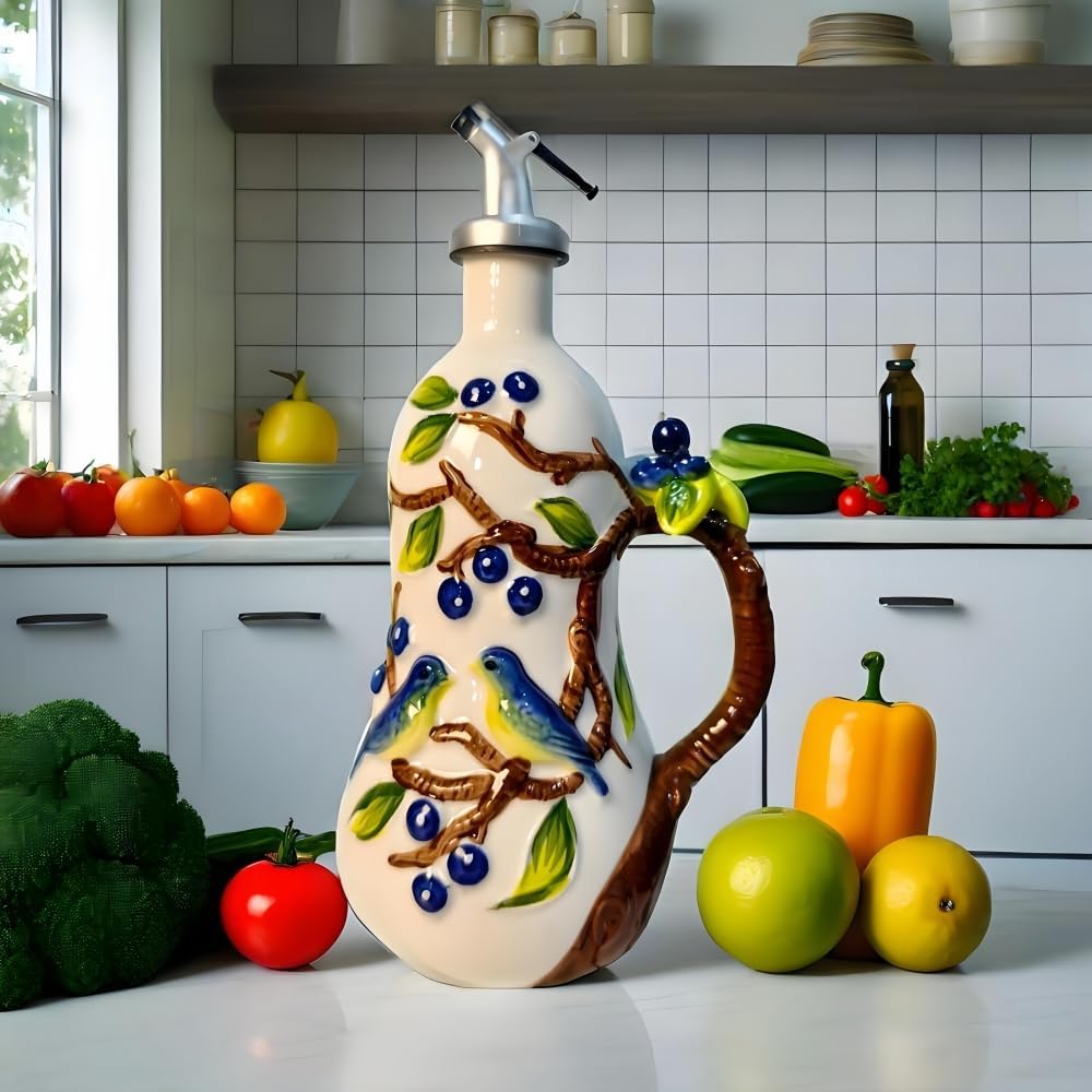 18.26oz/540ml Ceramics Olive Oil Dispenser Bottle,Hand Painted Reliefs Oil Dispenser for