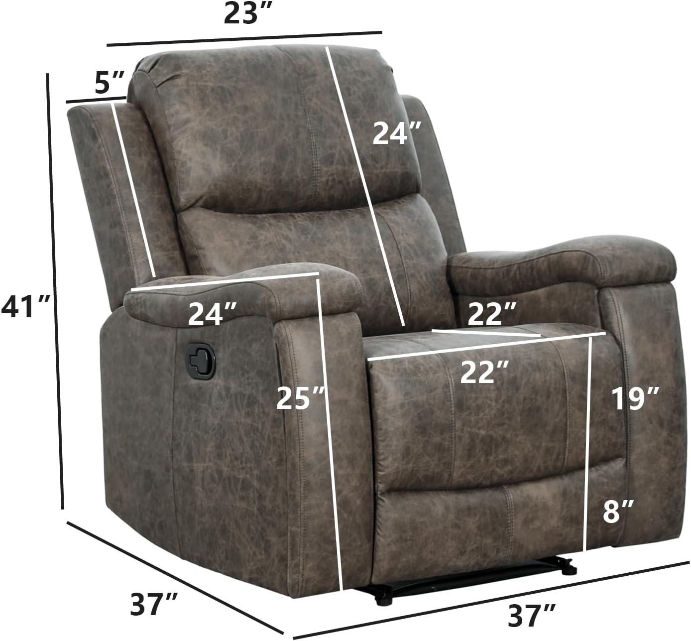 EBELLO Grey Recliner Chair, Single Overstuffed Sofa Recliners, Breathable Faux Leather Manual