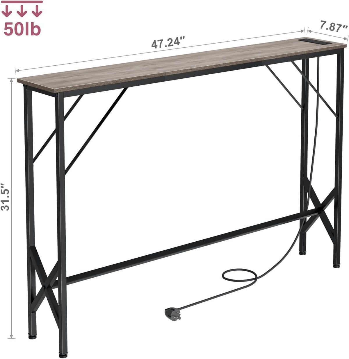 47.2'' Console Table, Skinny Entryway Table with Fast-Charging Station, Narrow Long Sofa Table