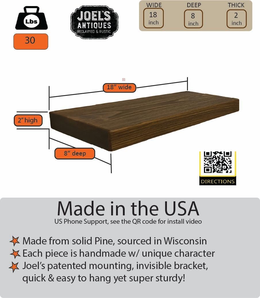 joelsantiques - 18 Inch Wooden Floating Shelves for Wall - 18x8x2 in - Made of Natural Wood - Heavy