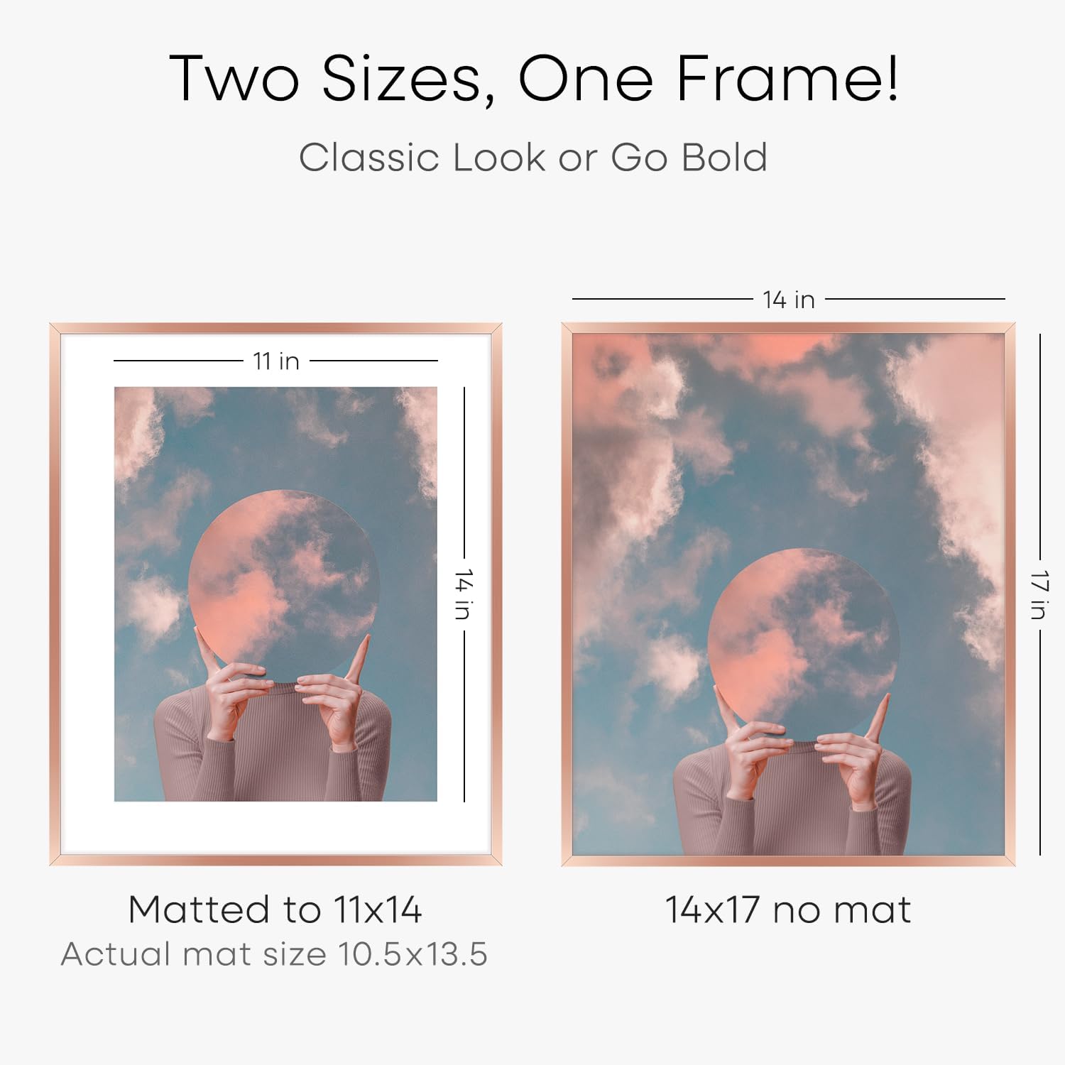 Homeforia 14x17 Picture Frame Rose Gold, High End Metal 14x17 Poster Frames with Mat 11x14 inch