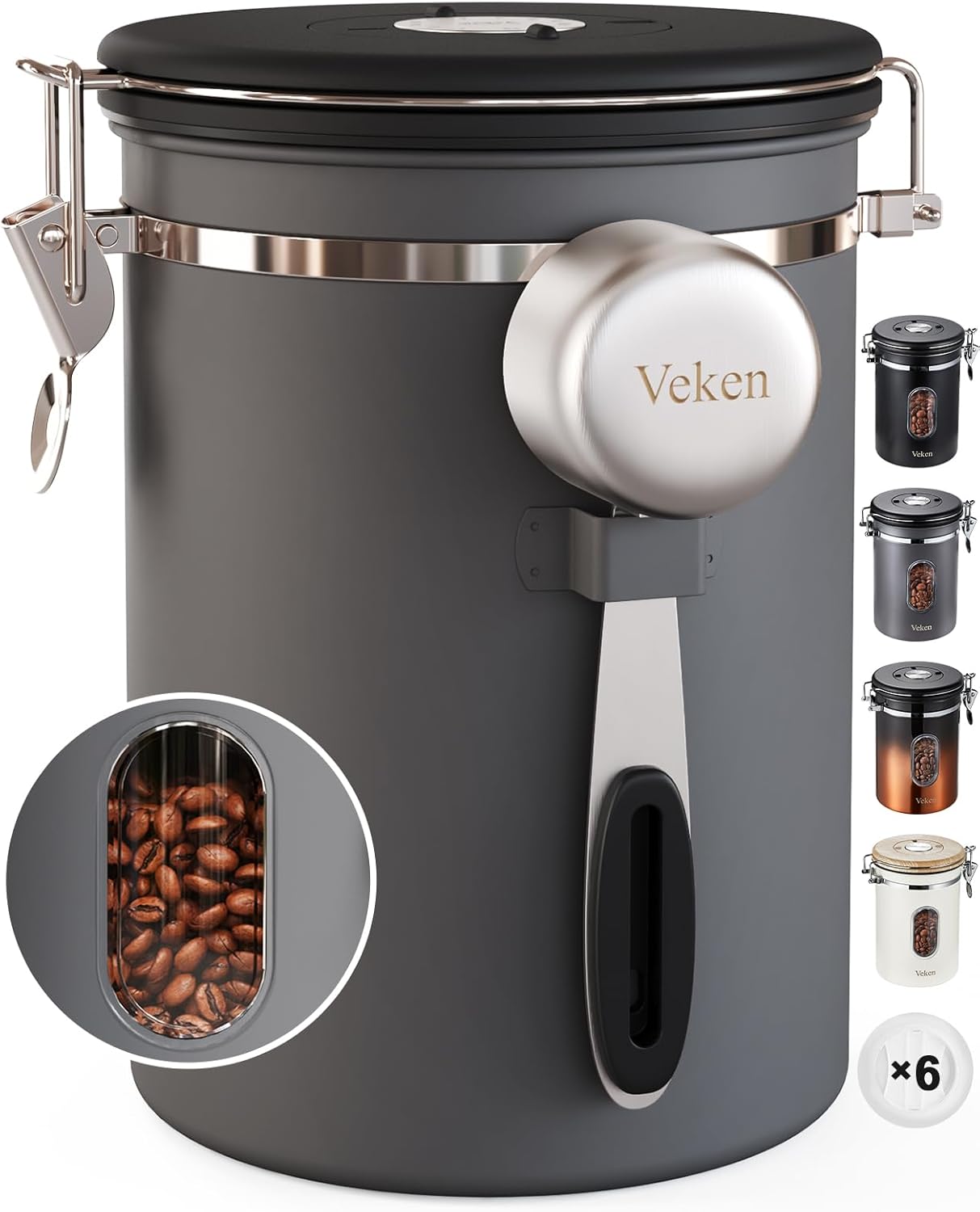Veken Coffee Canister with Window,Airtight Stainless Steel Kitchen Food Storage Container, Date