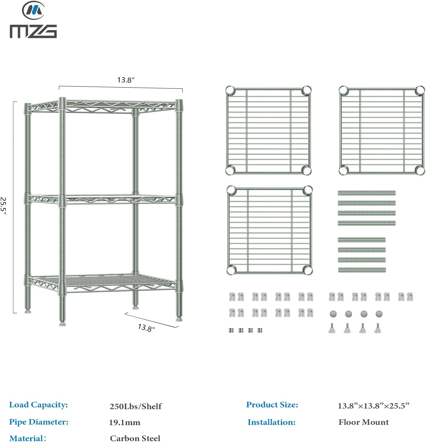 750 lbs 3-Shelf Storage Shelves Wire Shelving Unit Standing Metal Rack for Small Places Narrow Wire