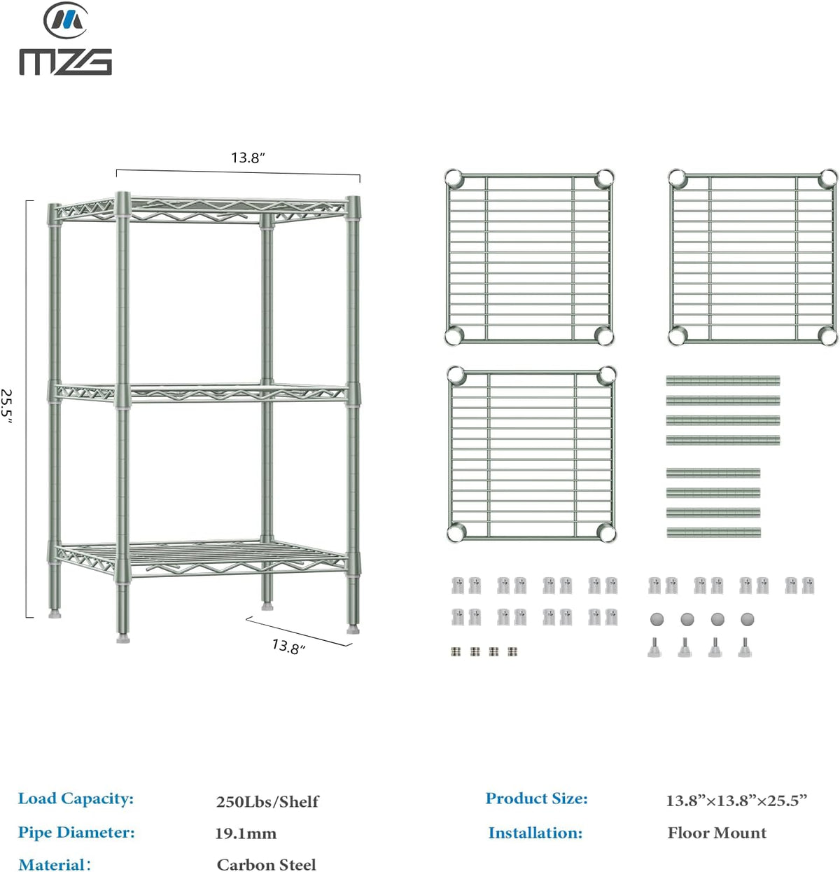 750 lbs 3-Shelf Storage Shelves Wire Shelving Unit Standing Metal Rack for Small Places Narrow Wire