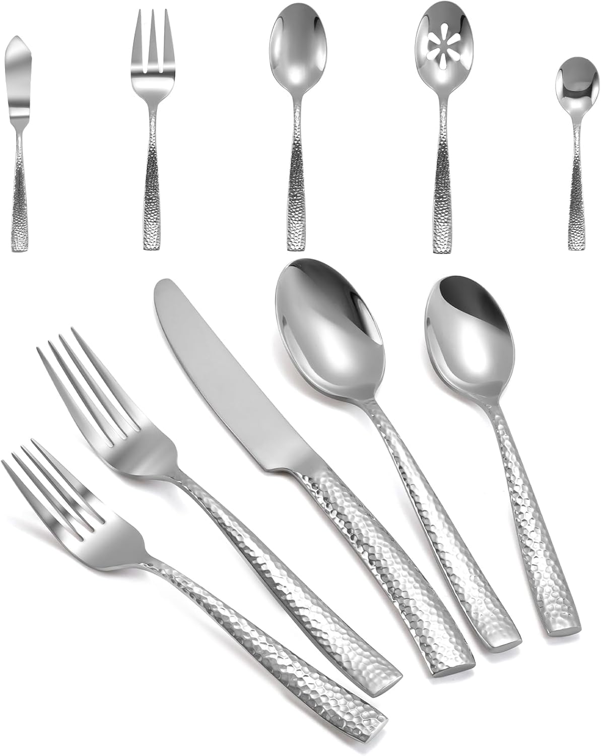 Silverware 45-Piece Silver Hammered Flatware Set with Serving Utensils Stainless Steel Thick Handle