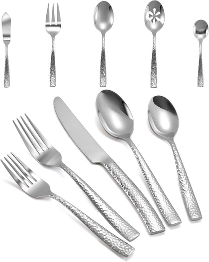 Silverware 45-Piece Silver Hammered Flatware Set with Serving Utensils Stainless Steel Thick Handle