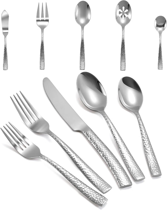 Silverware 45-Piece Silver Hammered Flatware Set with Serving Utensils Stainless Steel Thick Handle