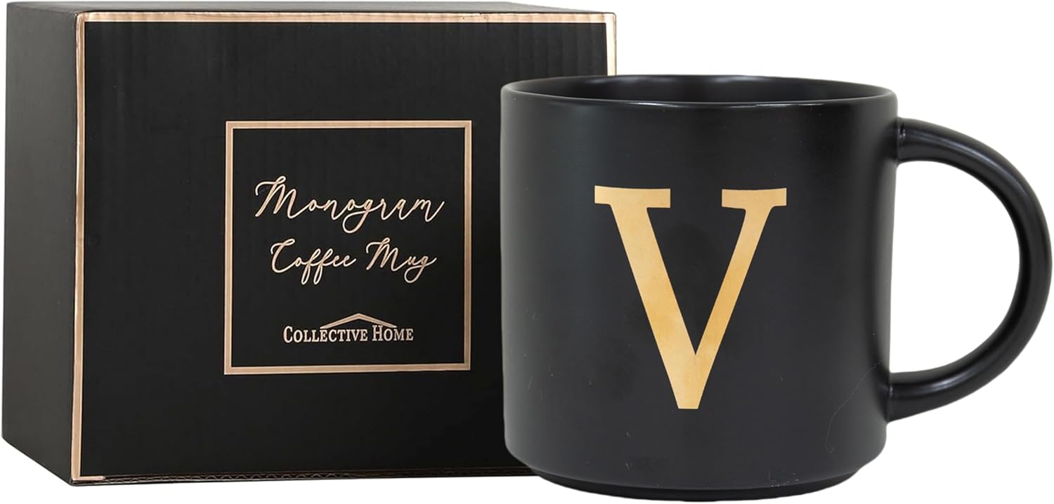 COLLECTIVE HOME - Monogram Ceramic Mugs, 15 oz Golden Initial Black Coffee Cups, Elegant Alphabet