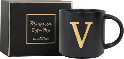 COLLECTIVE HOME - Monogram Ceramic Mugs, 15 oz Golden Initial Black Coffee Cups, Elegant Alphabet