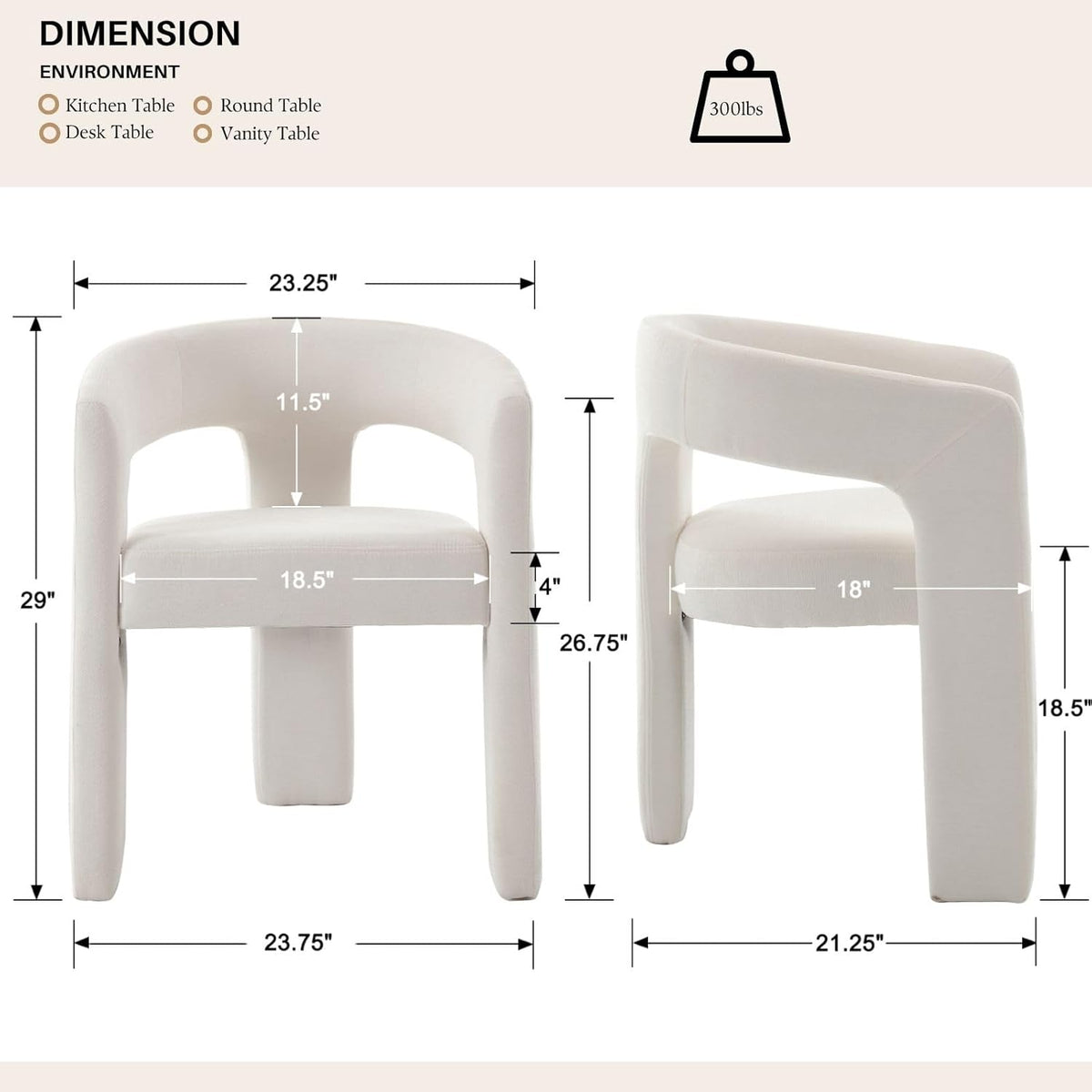 White Chenille Dining Chairs Set of 2, Modern Barrel Dining Room Chairs Upholstered Accent Chair