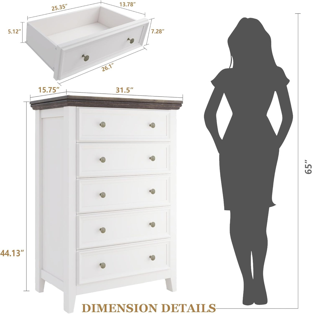 BLANKSPACE Dresser for Bedroom, 5 Drawer Dresser, Modern 5 Chest of Drawers, Farmhouse Storage