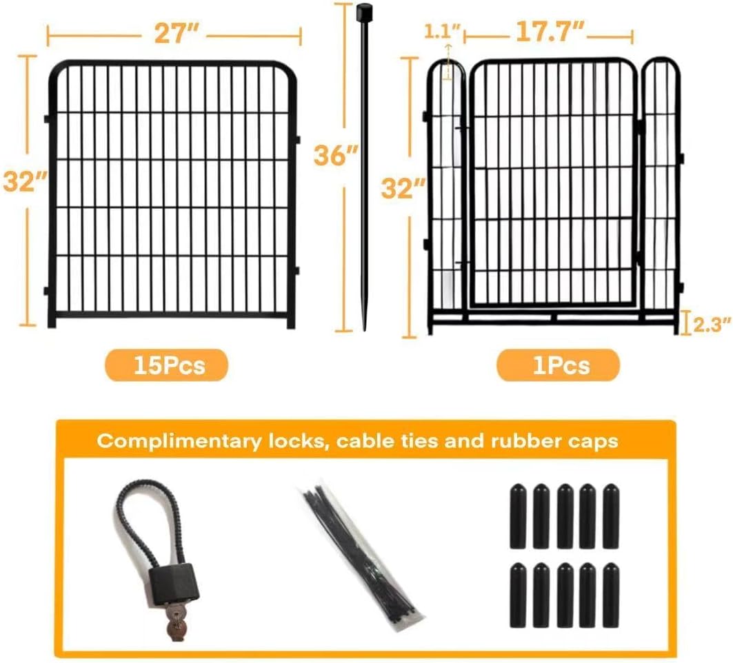 Garden Fences with Gate, 32 in(H)×27 in(L) 16 Panels Total 35.4 Ft(L), Garden Animal Barrier, Fence