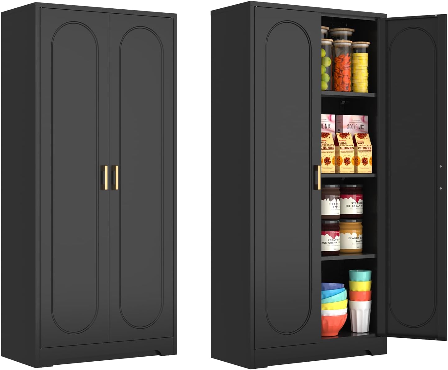 60" Tall Kitchen Pantry Cabinet, Metal Pantry Cabinet with Doors and Adjustable Shelves, Black