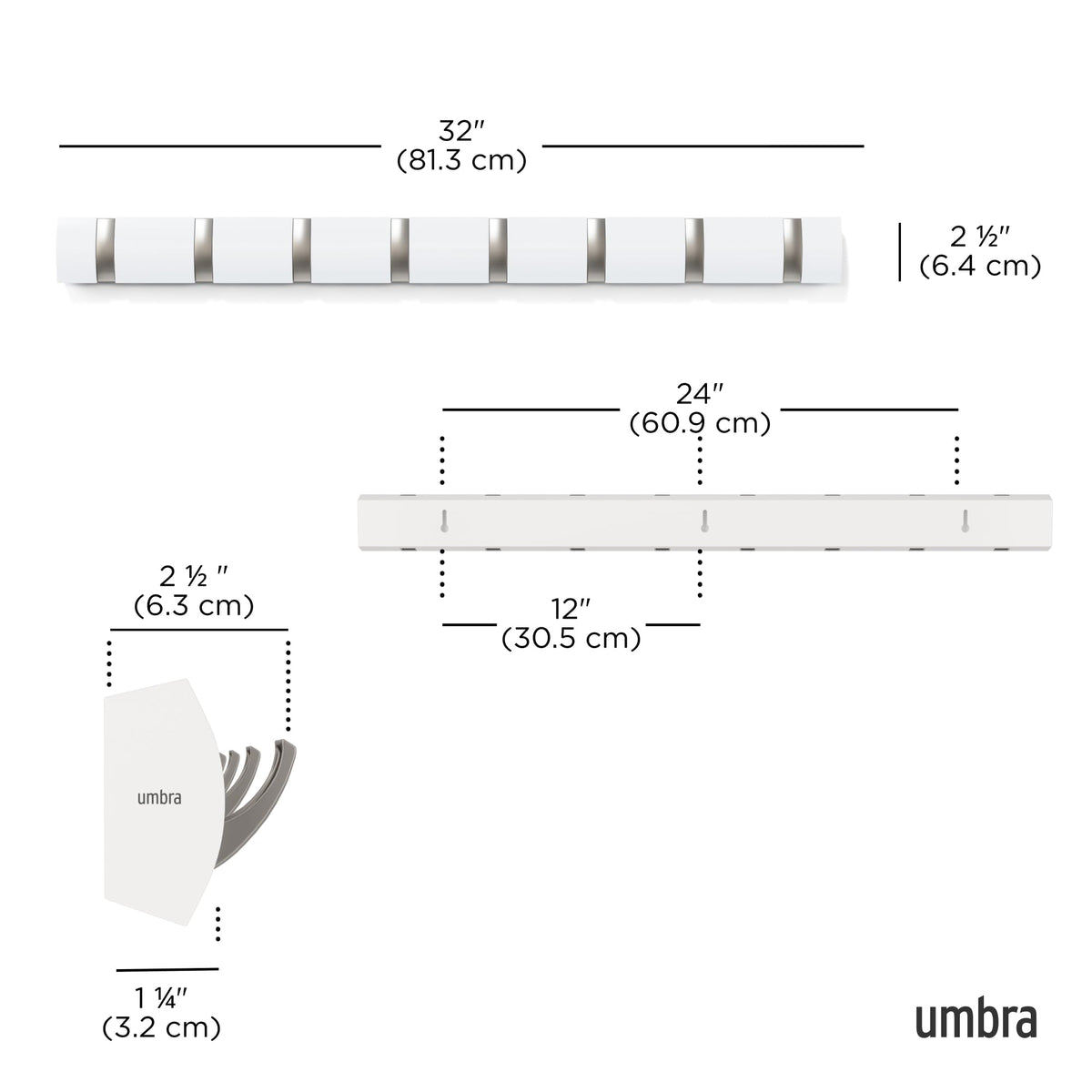 Umbra Flip Coat Rack, Wall Mount 8-Hook, Space Saving, White