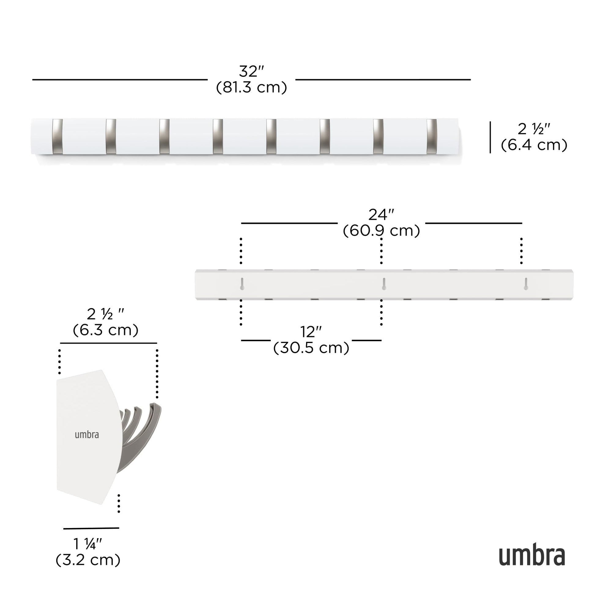 Umbra Flip Coat Rack, Wall Mount 8-Hook, Space Saving, White