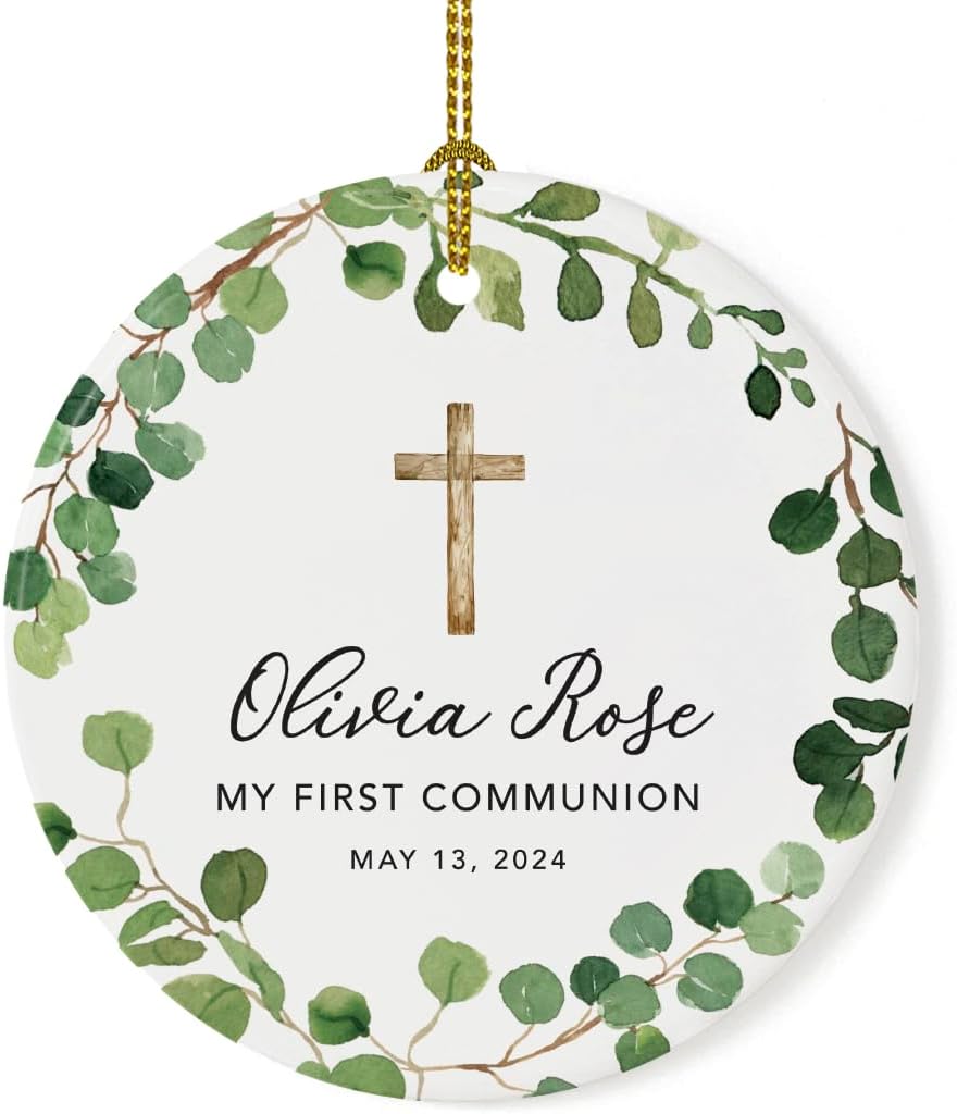 Andaz Press Personalized First Communion Ornament for Girls Boys, Round Ceramic Porcelain First