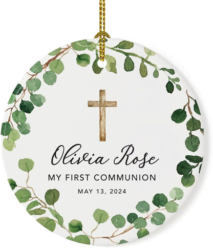 Andaz Press Personalized First Communion Ornament for Girls Boys, Round Ceramic Porcelain First
