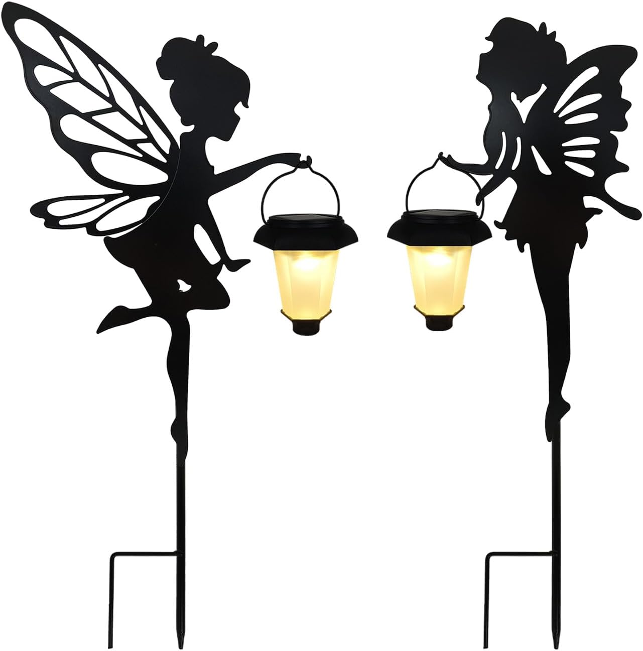 Solar Fairy Garden Stake Decorative Lantern, 2 Pack Metal Fairy Angel Garden Silhouette Lights for