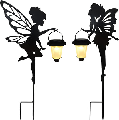 Solar Fairy Garden Stake Decorative Lantern, 2 Pack Metal Fairy Angel Garden Silhouette Lights for