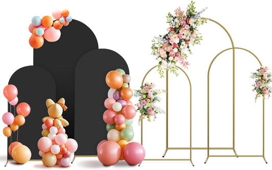 Arch Backdrop Stand and Cover Set, 3 Metal Balloon Arch Backdrop 7.2ft 6.6ft 6ft, Gold Arched Stand