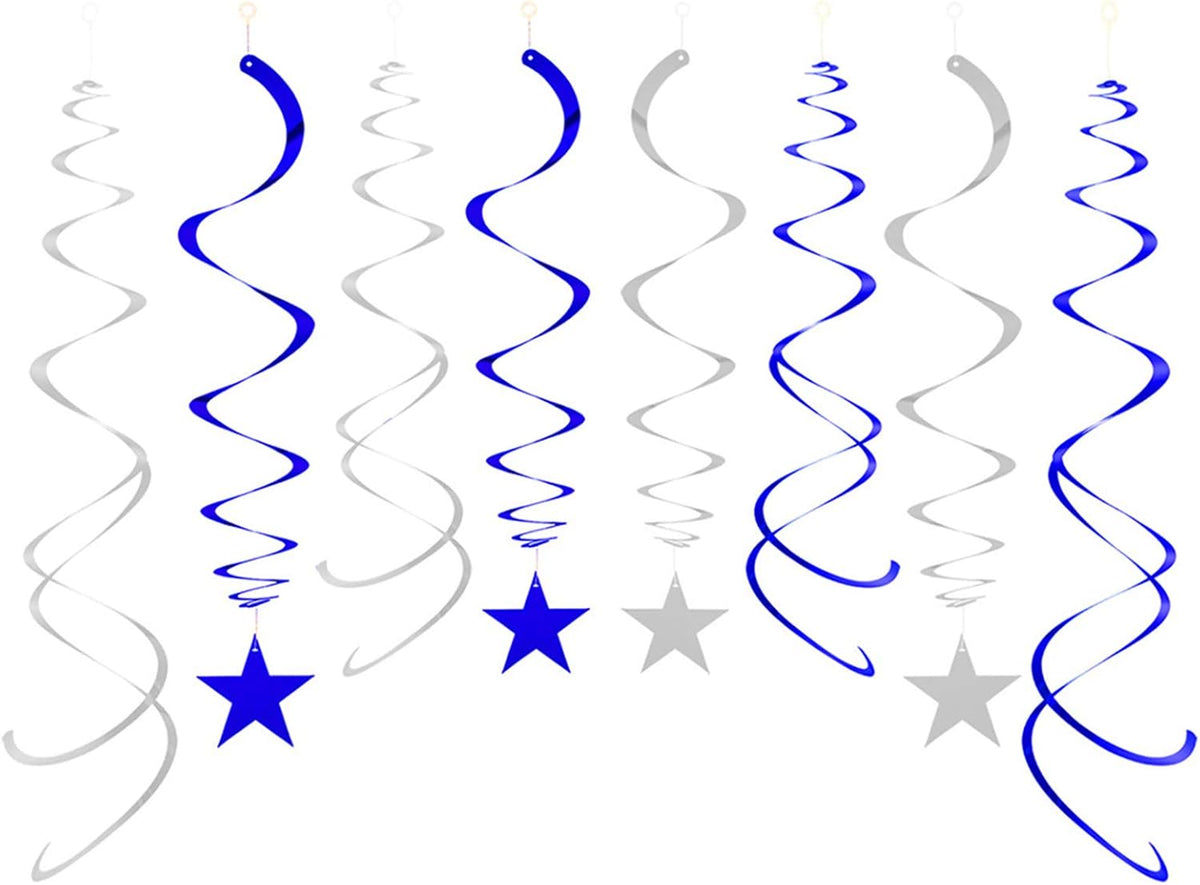 Party Star Swirl Decorations, Blue and Silver Foil Ceiling Hanging Star Swirl Decorations, Whirls
