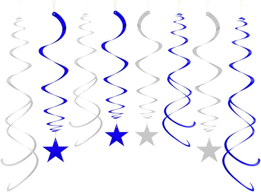 Party Star Swirl Decorations, Blue and Silver Foil Ceiling Hanging Star Swirl Decorations, Whirls